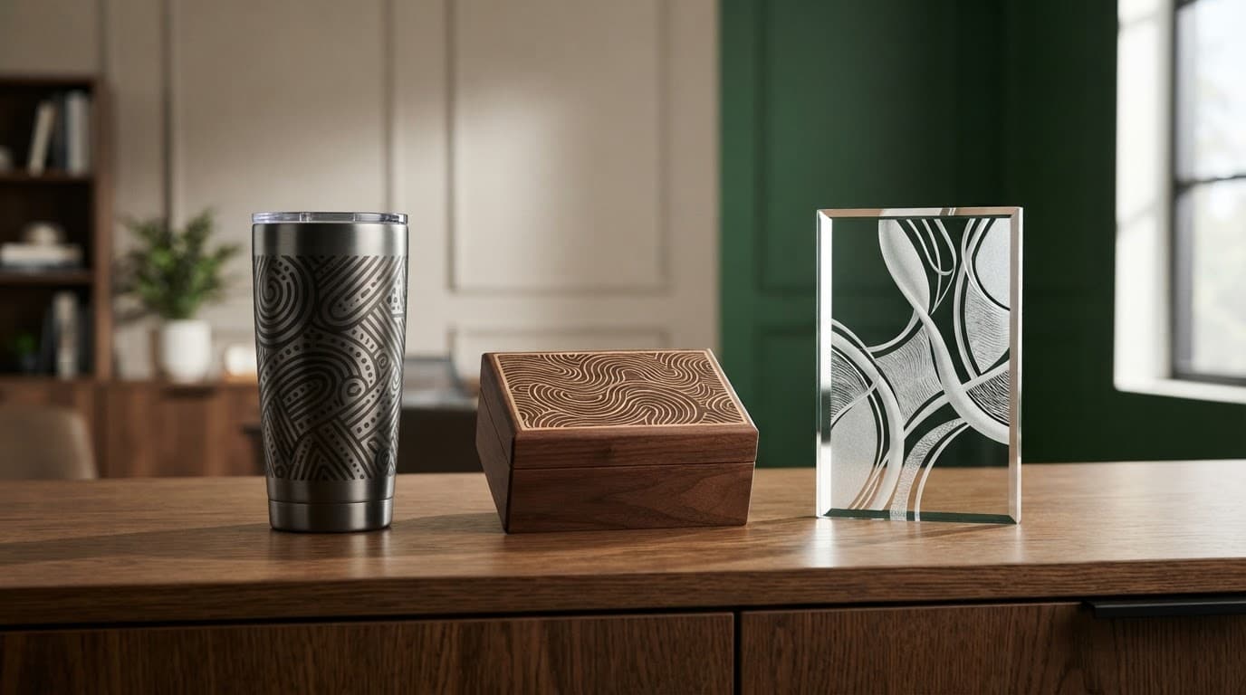 Three engraved gifts sit side by side on a credenza with a green accent.