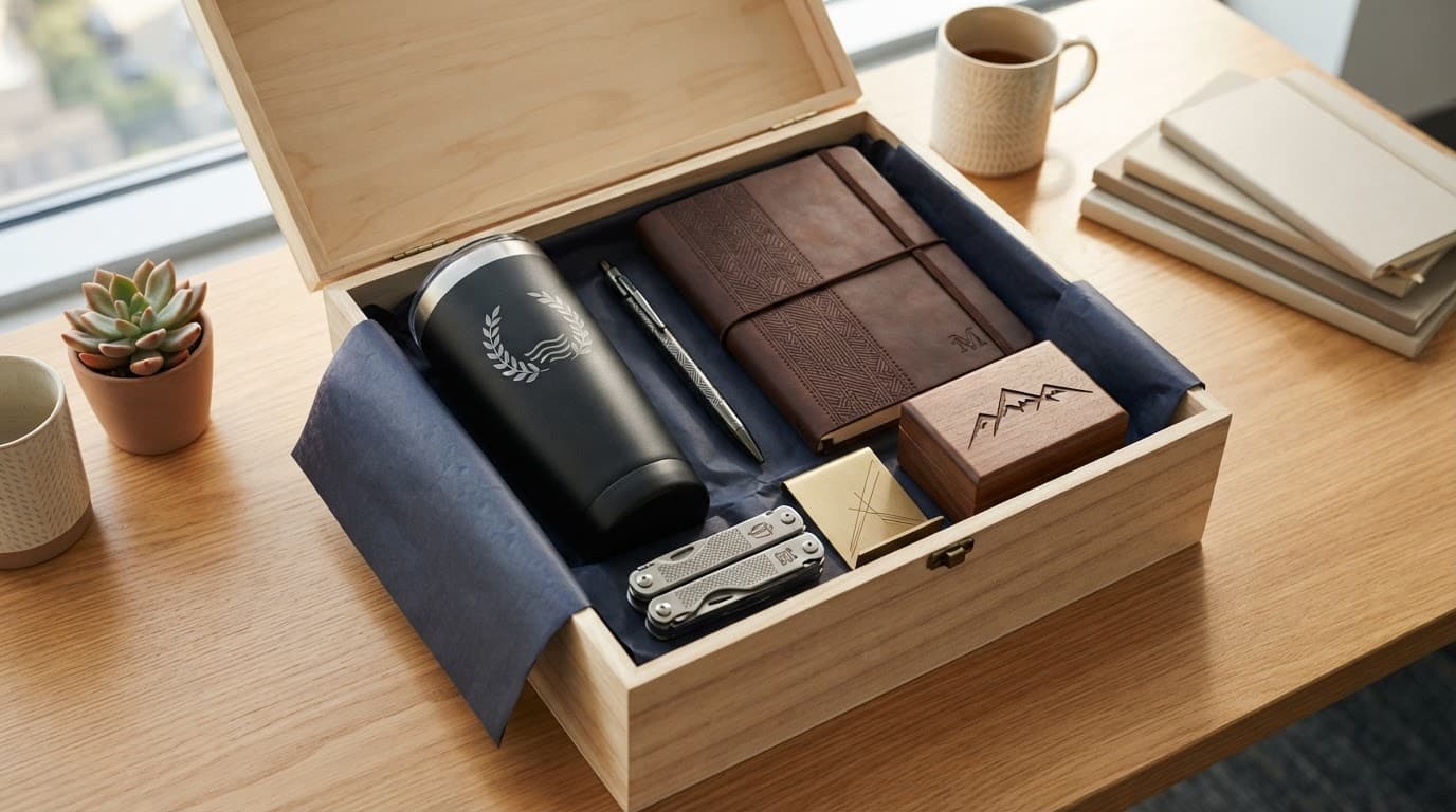 Six engraved gifts arranged in an open box on a modern office desk.