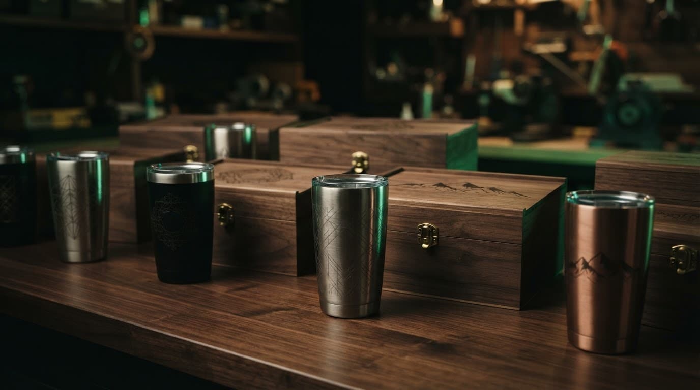 Engraved metal tumblers and wooden keepsake boxes on a dark surface.