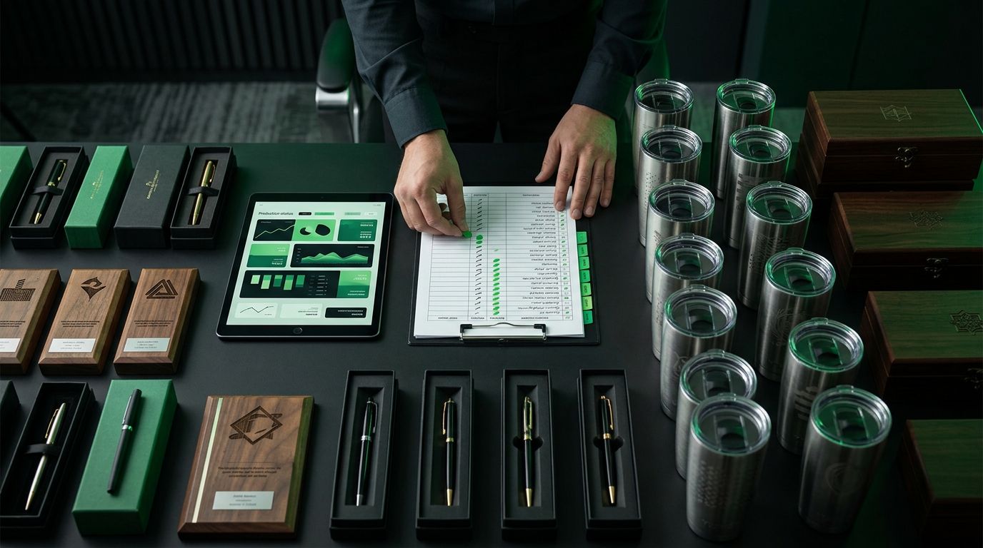 Personalized gifts arranged beside a checklist, approval tabs, and a tablet.