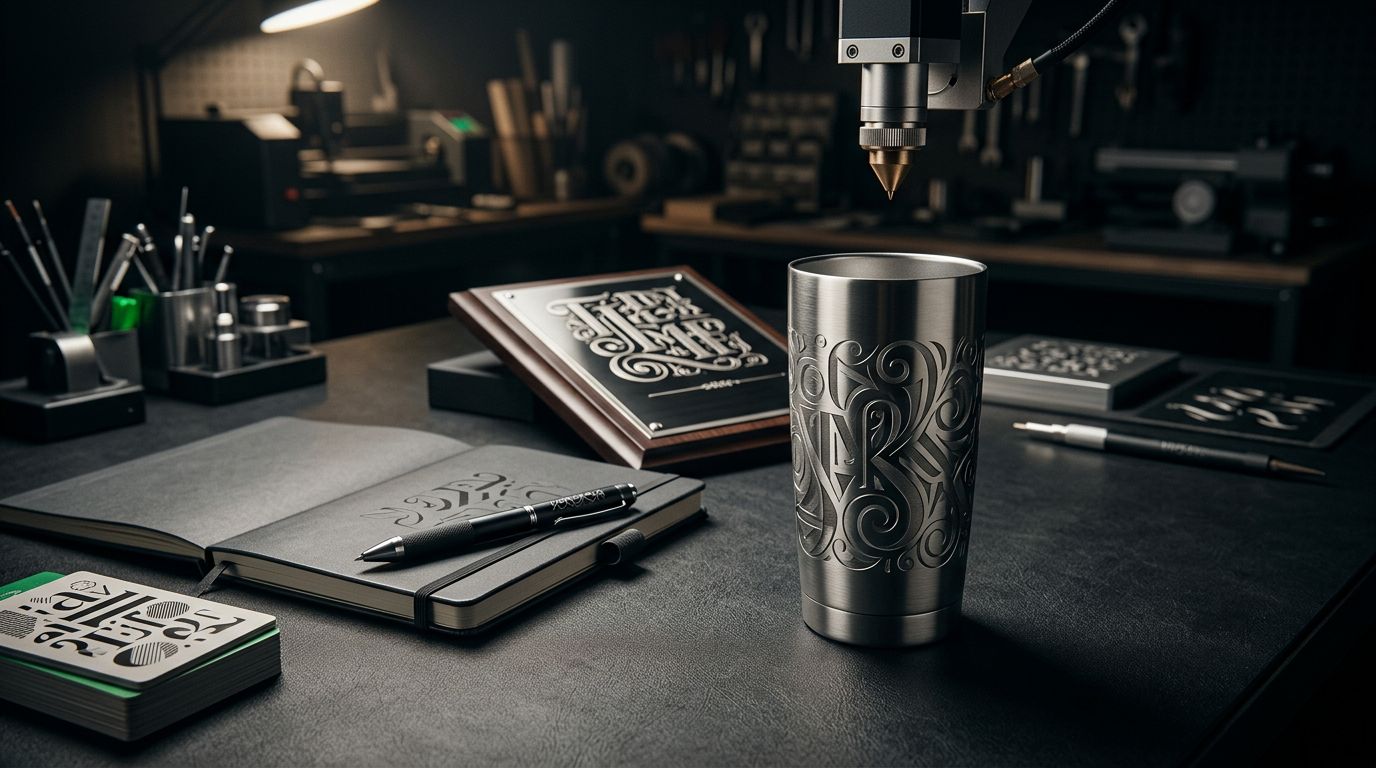 Engraving tools, gift items, and font cards arranged on a dark work surface.