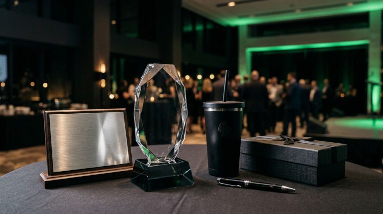 Corporate milestone gifts and a crystal trophy arranged on an awards table.