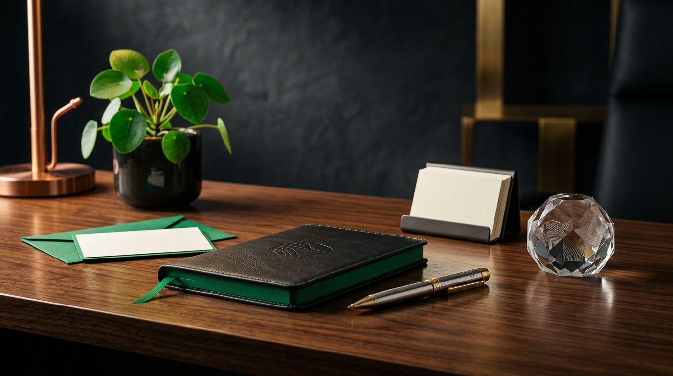 Executive desk with an engraved pen, leather notebook, crystal paperweight, and small green plant.