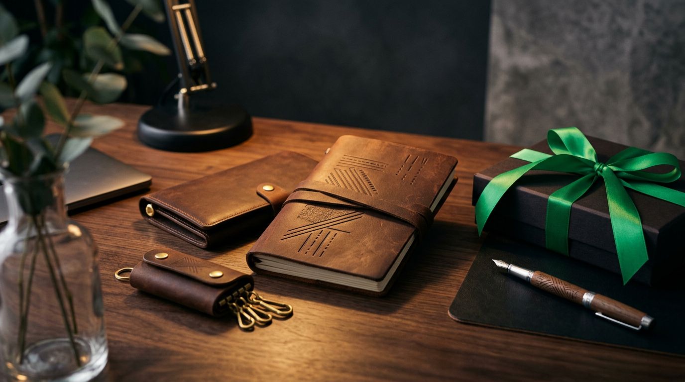 Leather gifts, a pen, and a box arranged on a dark office desk.
