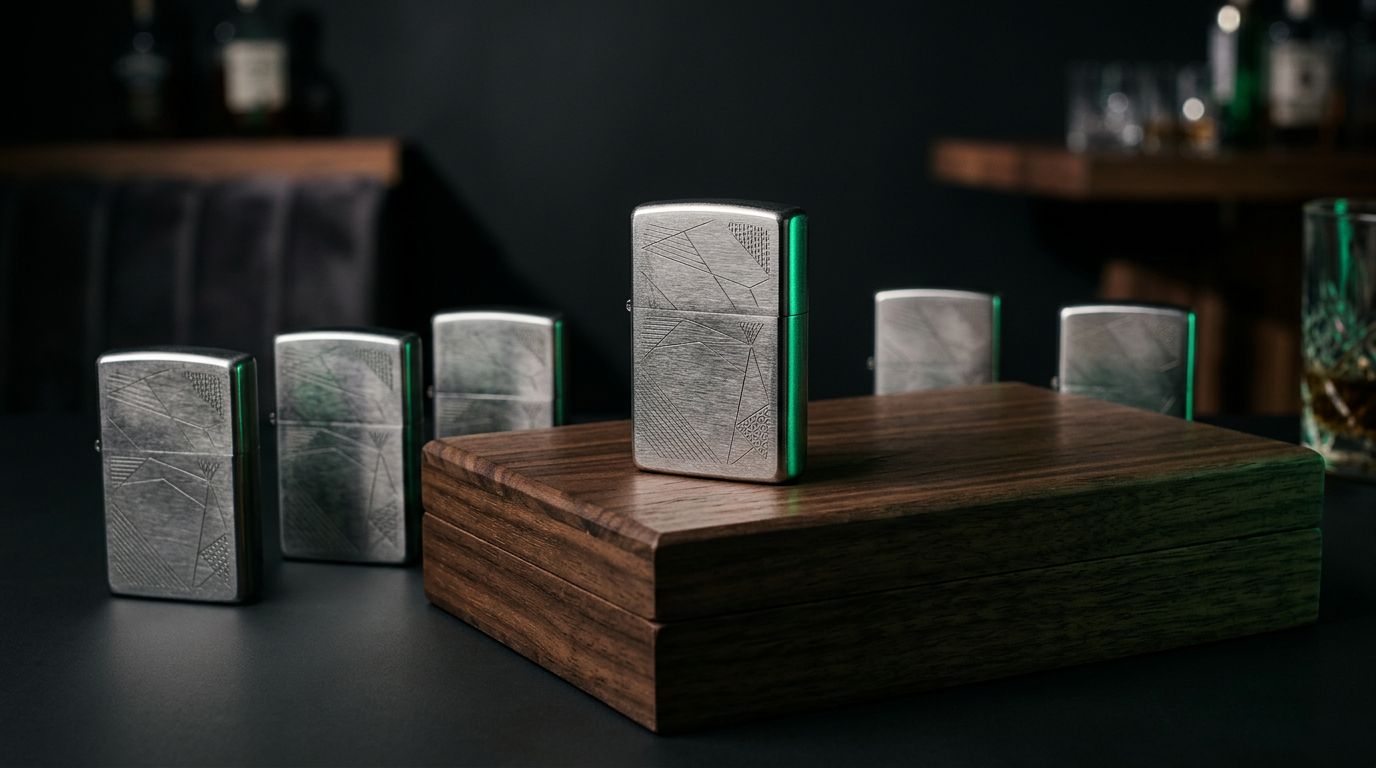 Matching engraved lighters surround a premium lighter on a dark walnut box.
