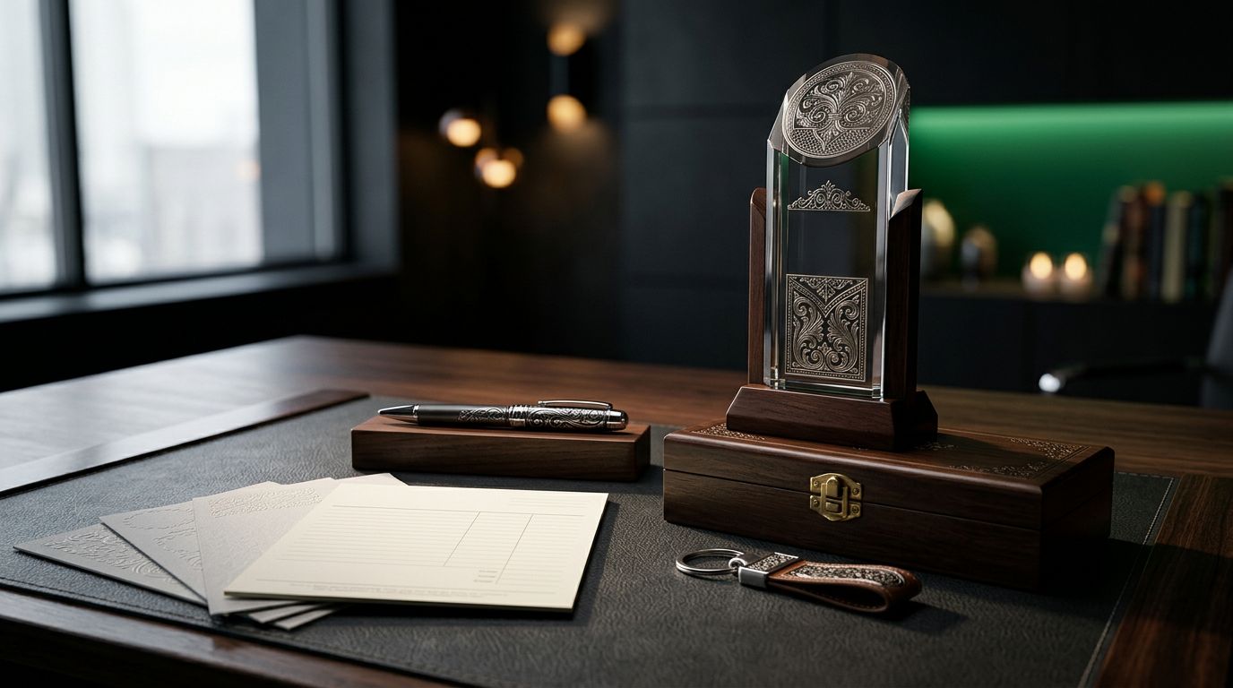 Engraved gifts and a blank quote sheet arranged on a dark workspace.