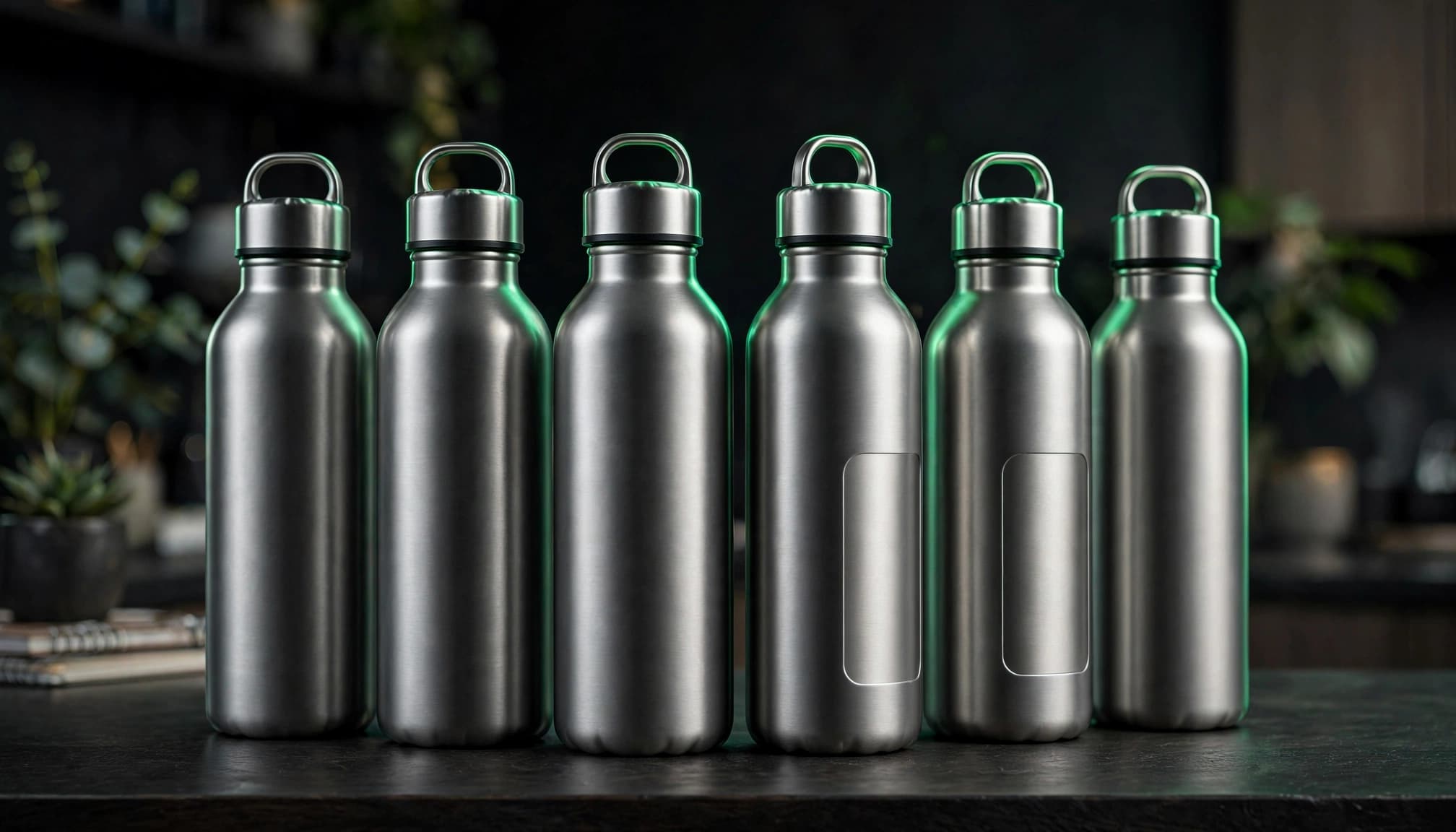 Six stainless steel bottles arranged on a dark office counter.