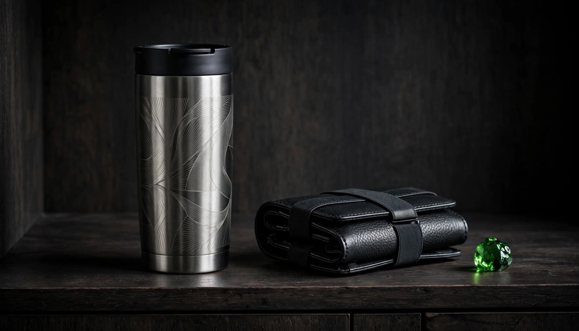A stainless steel tumbler and leather organizer sit beside a small green glass object.