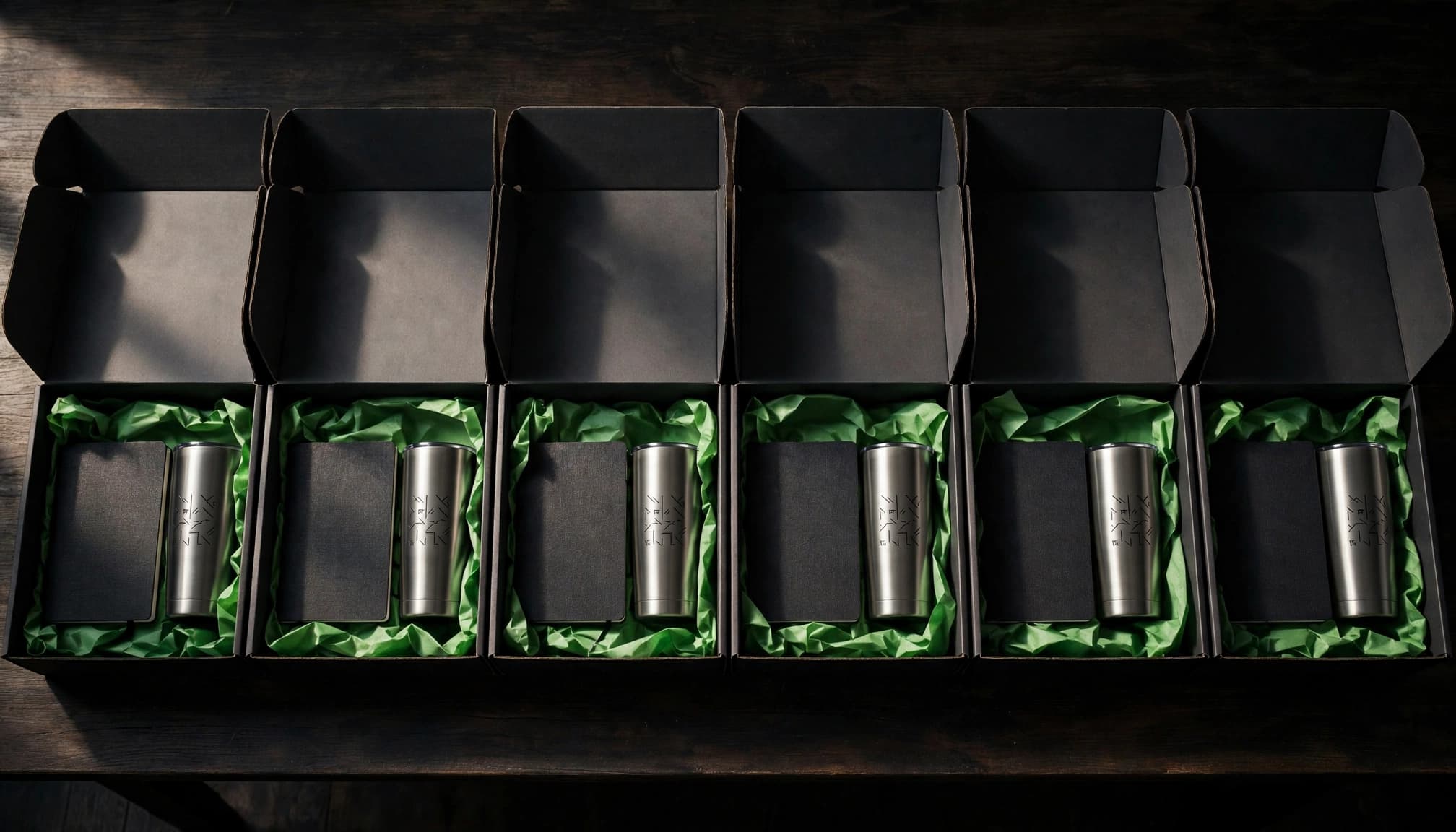 Six charcoal gift boxes display matching notebooks and stainless steel tumblers.