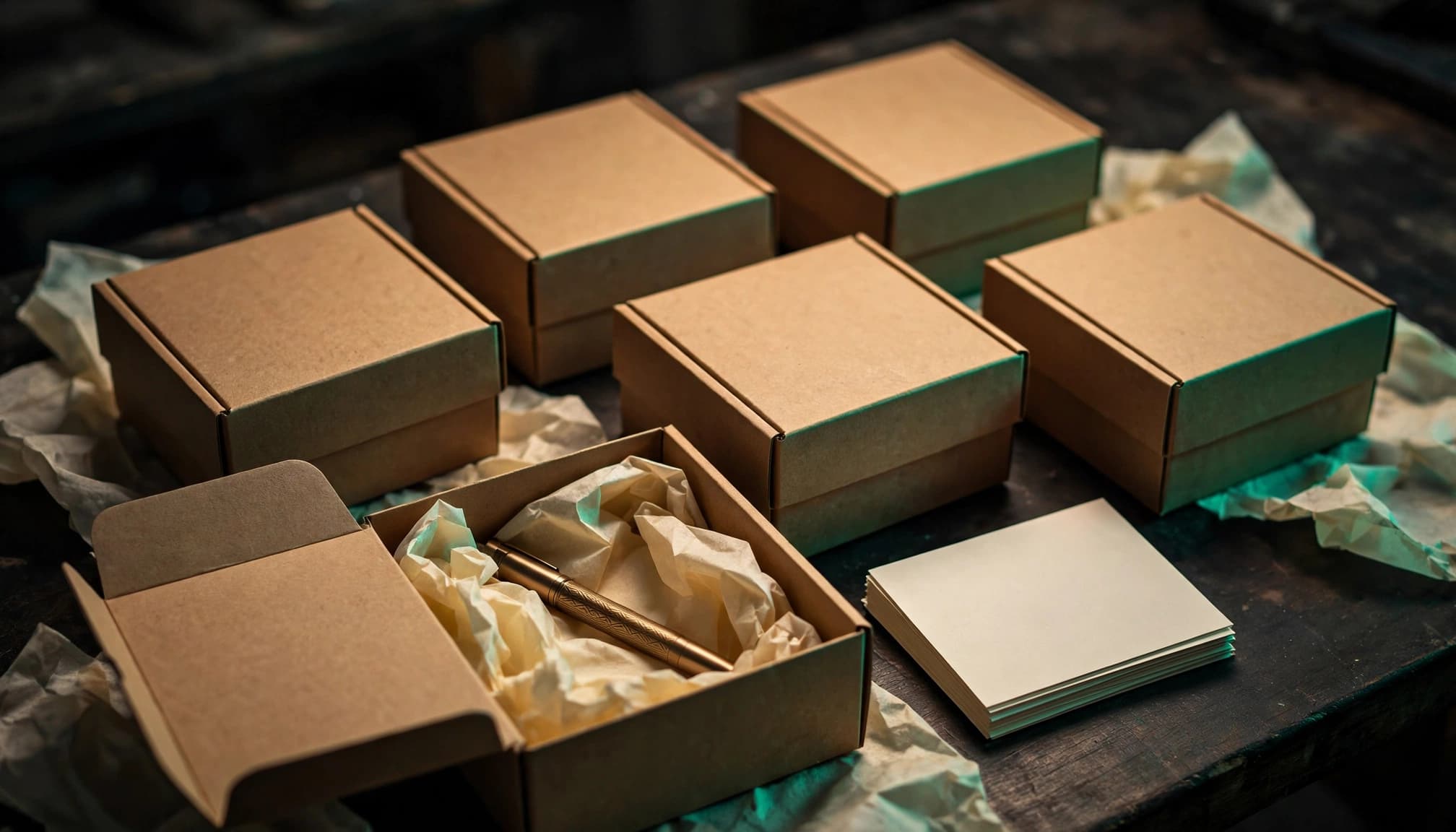 Six kraft gift boxes sit on a dark table, with one open to show its contents.