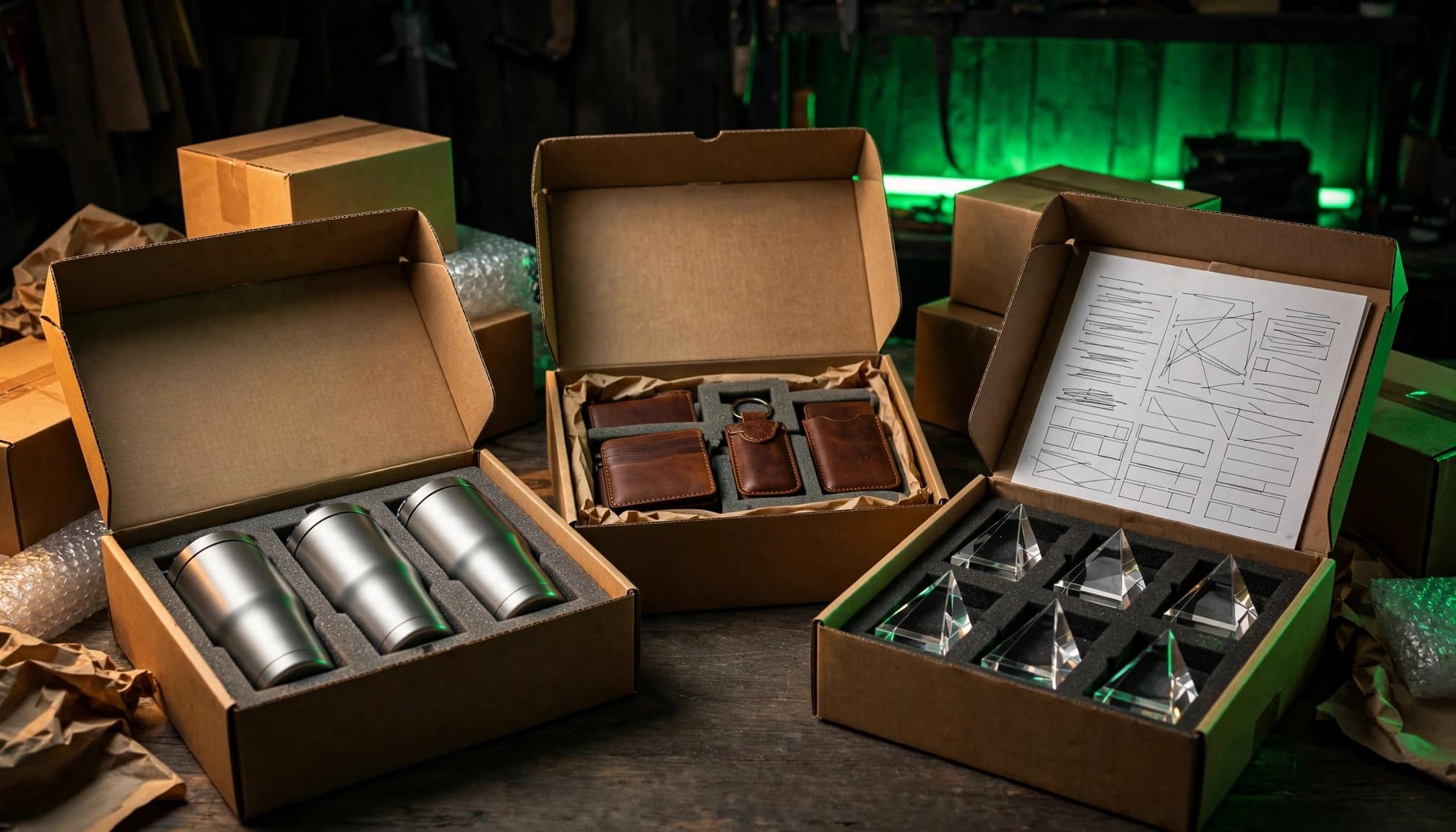 Packed corporate gifts include tumblers, leather goods, and small awards on a workshop table.