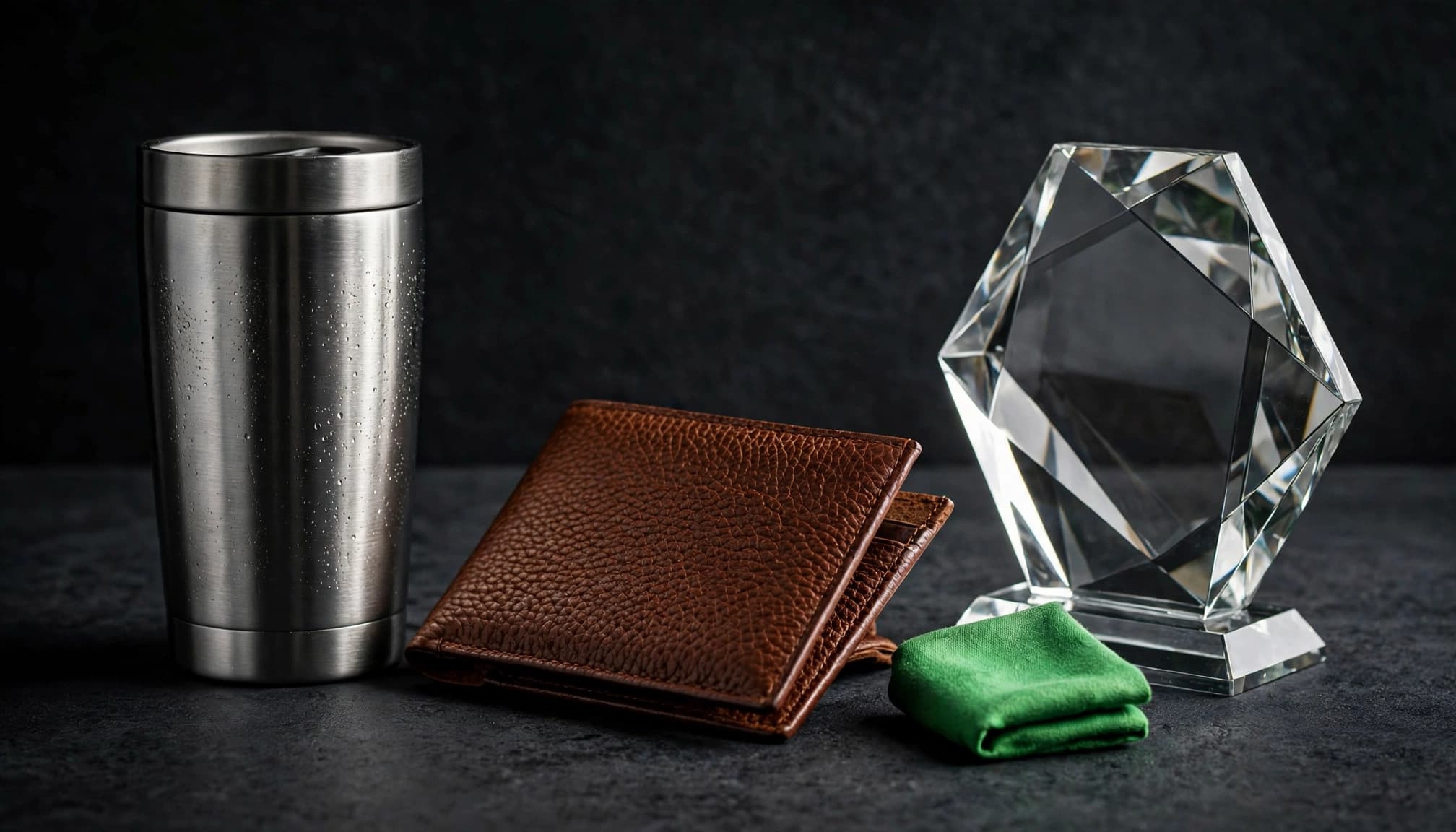 A steel tumbler, leather card holder, and glass award on a dark tabletop.