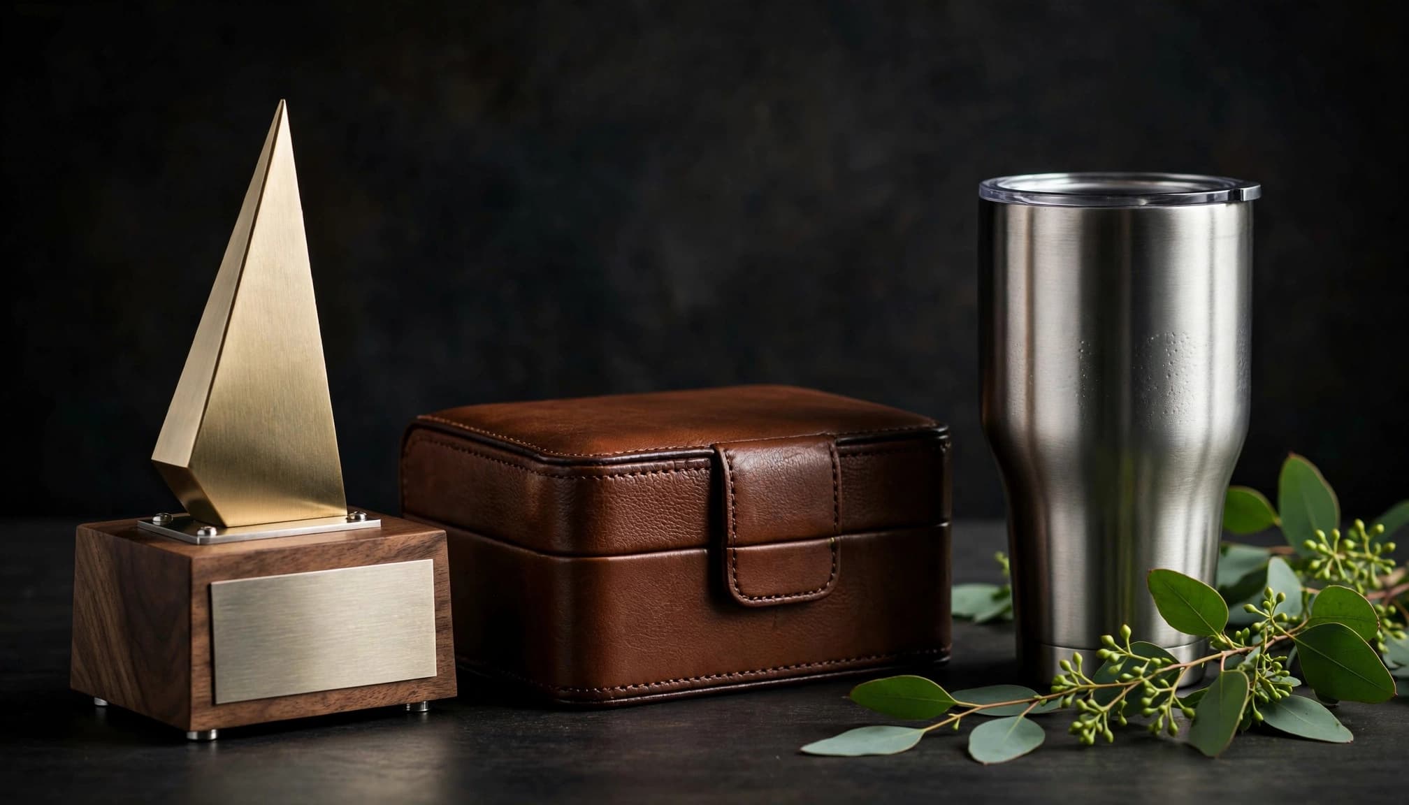 A wood-and-metal award, leather keepsake, and stainless tumbler arranged on a dark table.