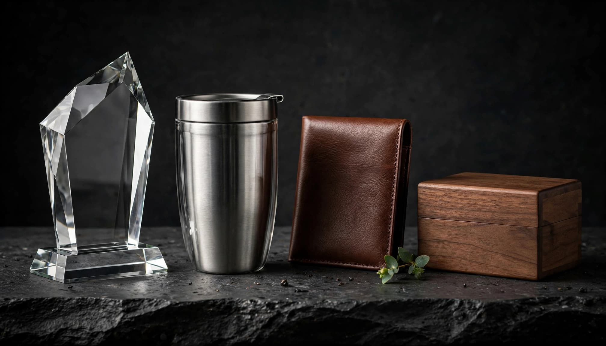 Four unbranded corporate gifts sit on a dark stone surface.