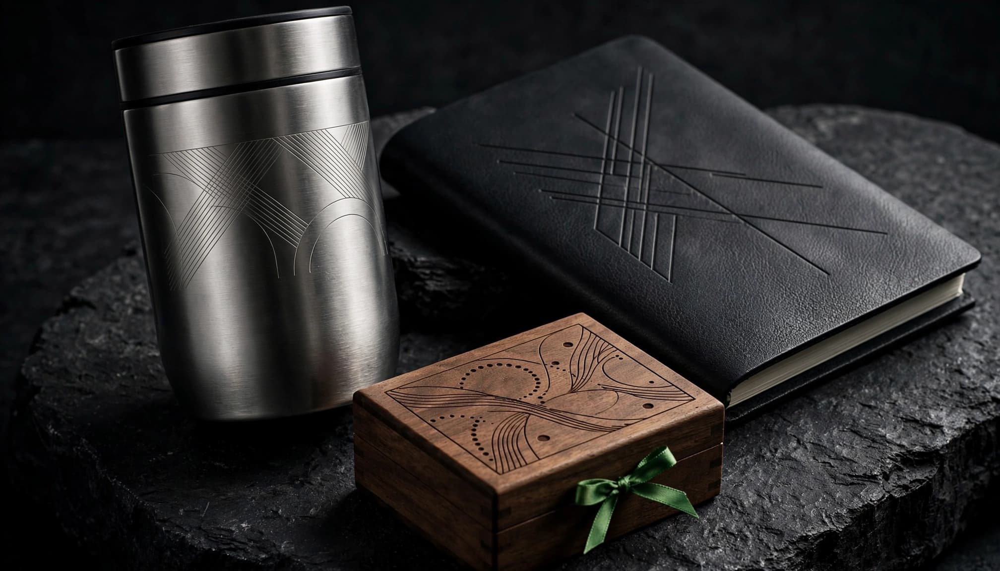 A tumbler, leather notebook, and wooden keepsake box on dark stone.
