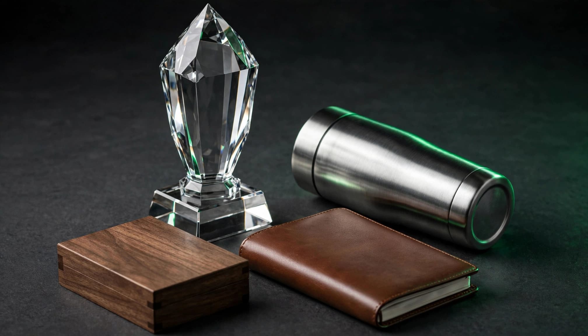 An award, tumbler, journal, and wooden box arranged on a dark tabletop.