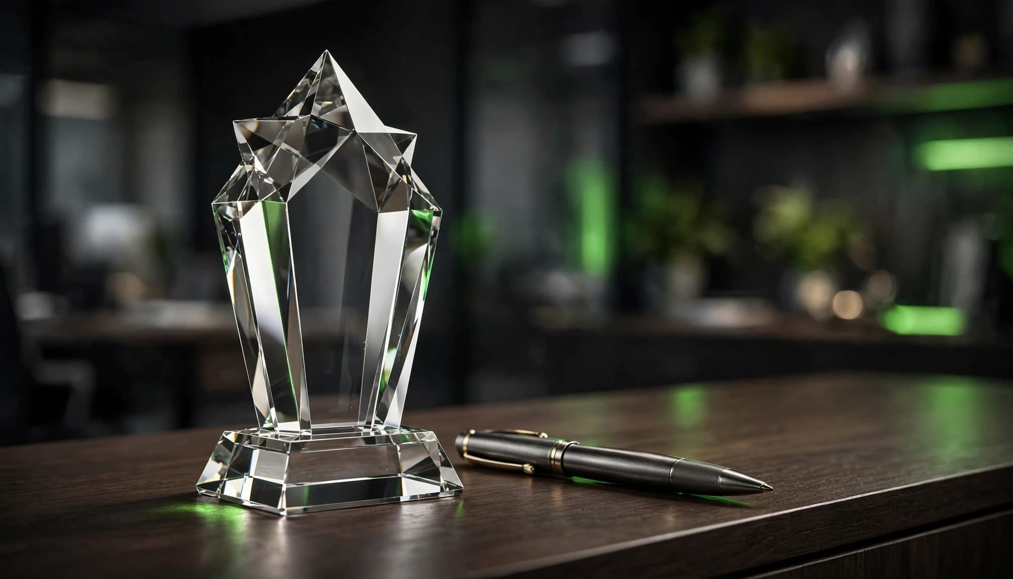 Crystal award and executive pen displayed on a dark office credenza.