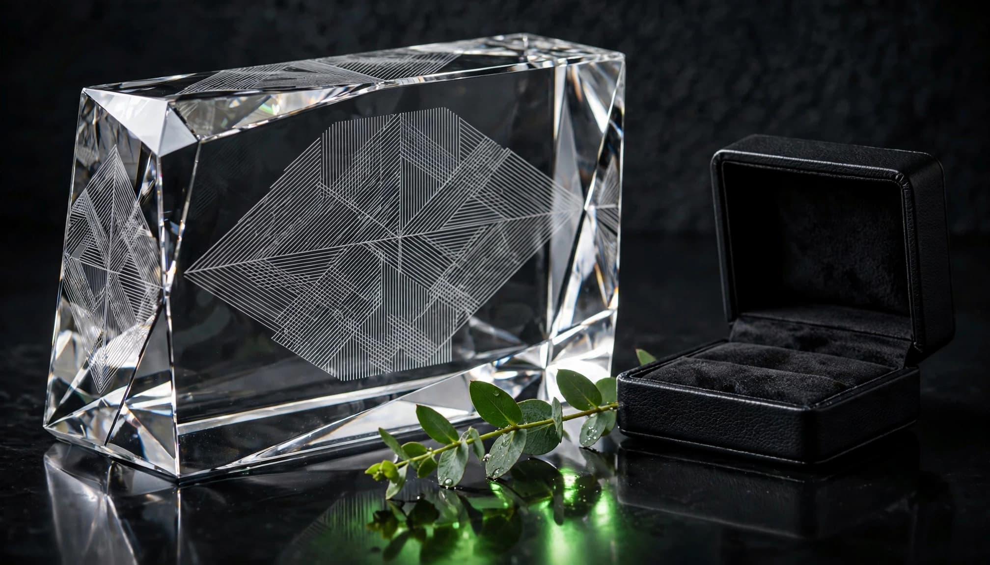 A textured crystal award stands beside a small case and a green sprig on a dark background.