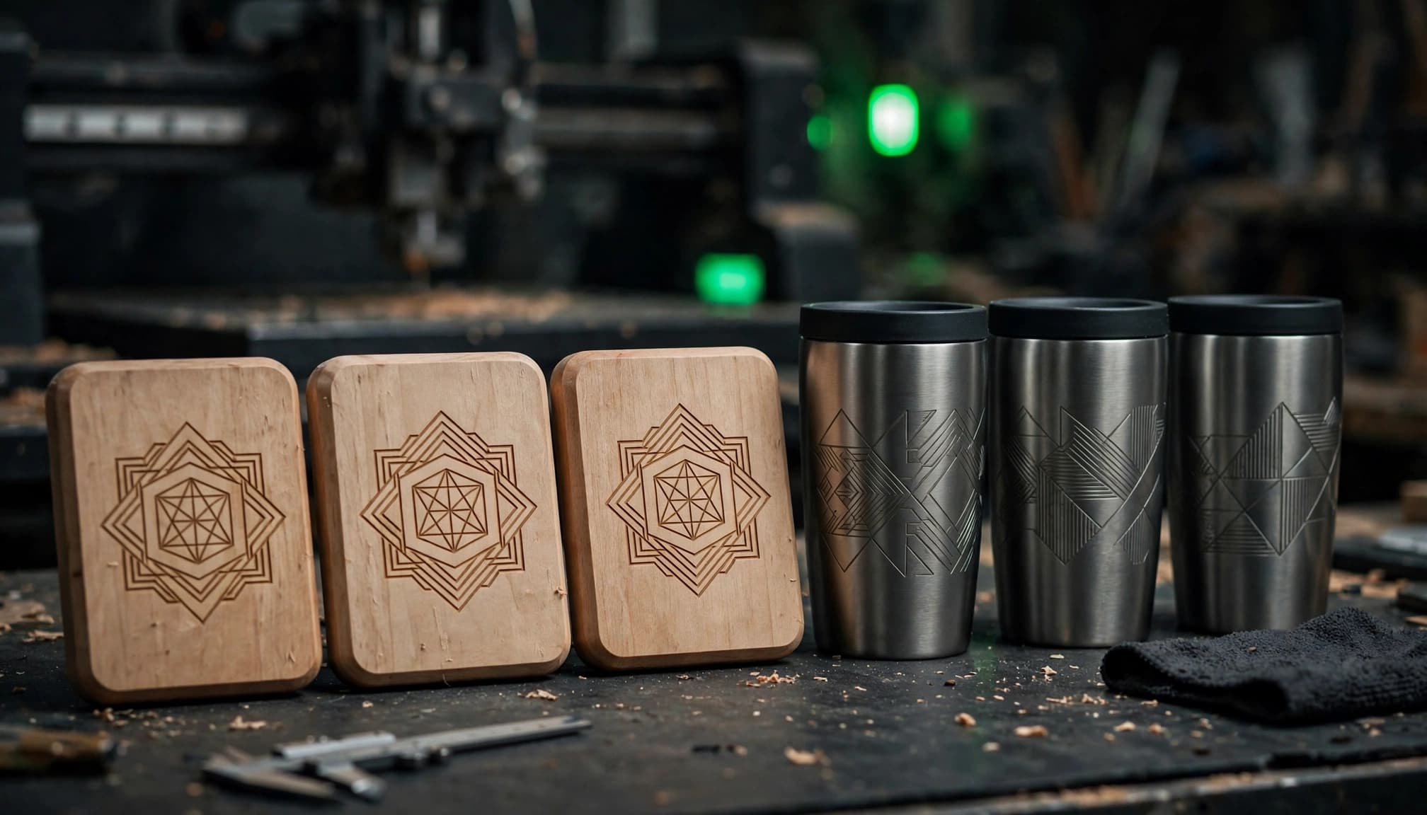 Wooden awards and metal drinkware arranged on a dark workshop bench.