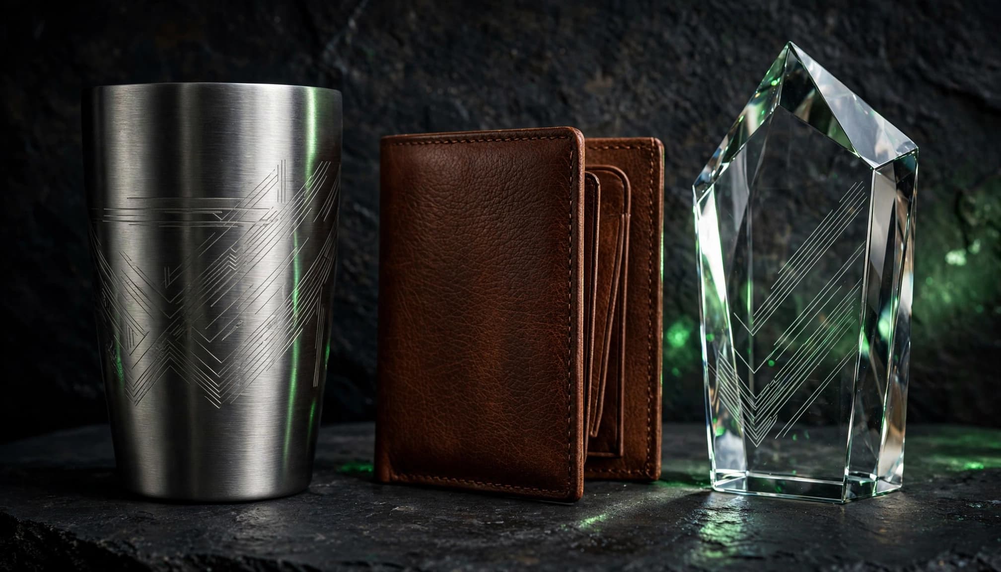 A metal tumbler, leather card holder, and glass award on dark stone.