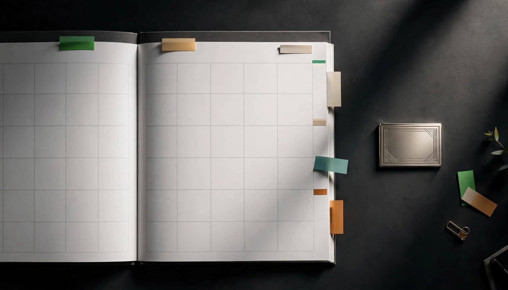 An open calendar and colored tabs sit beside a small keepsake on a dark table.