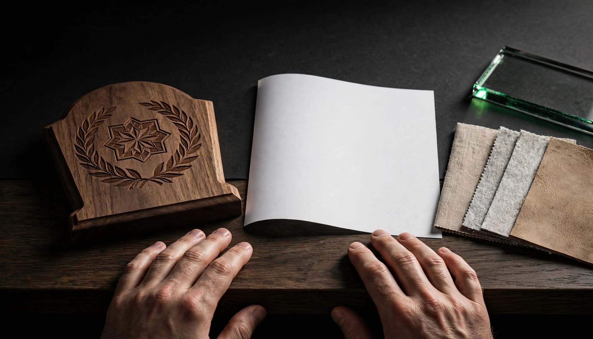 An engraved wooden award rests beside a blank proof and material swatches.