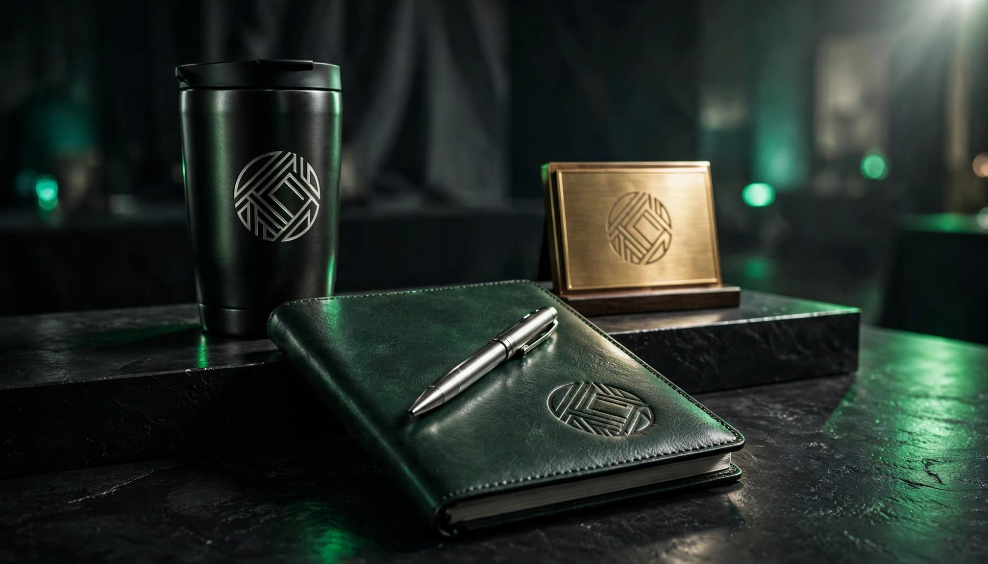 Four engraved gifts—a tumbler, notebook, pen, and plaque—rest on a dark surface.