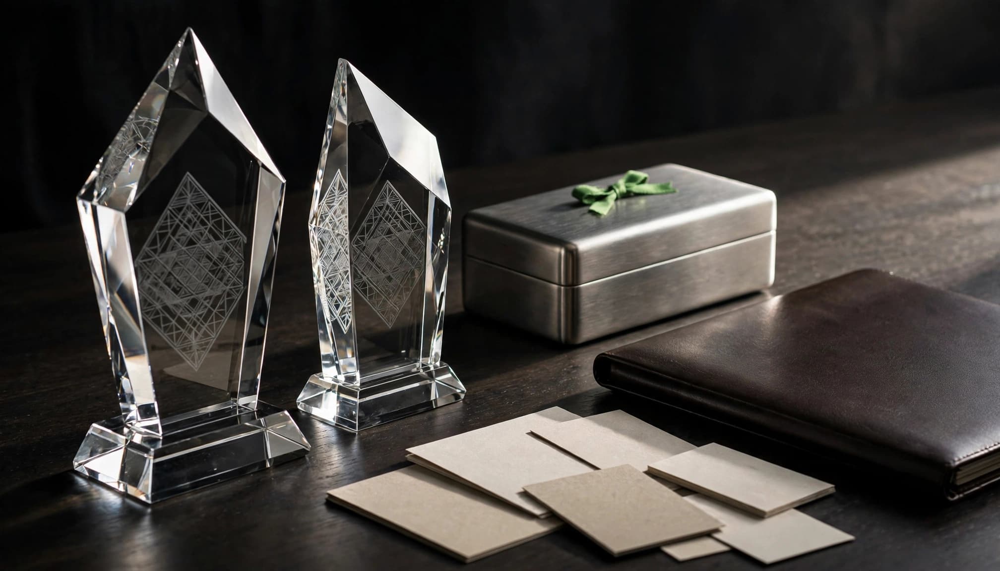 Glass awards and a metal keepsake arranged with a folder and sample cards on a dark table.