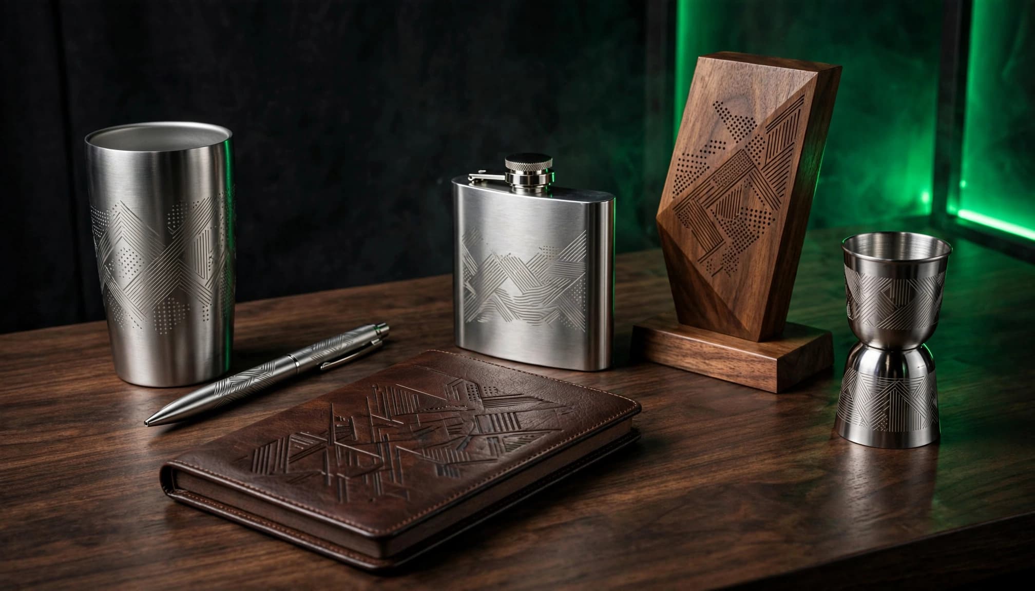 Six engraved corporate gifts arranged on a walnut table in a green-lit booth.
