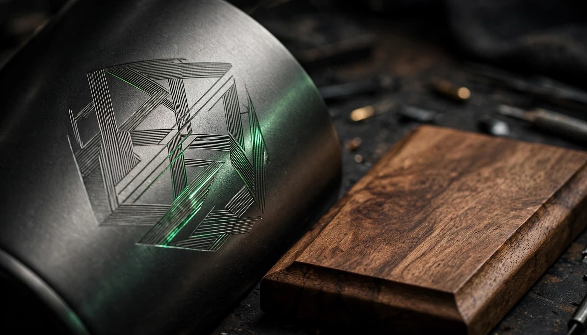 An engraved metal tumbler beside a wooden award plaque on a dark workbench.