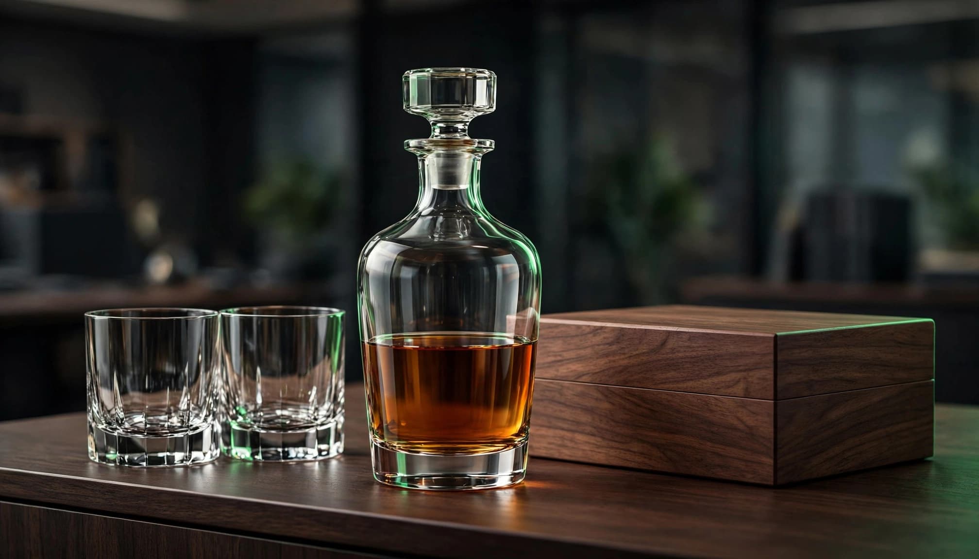 A whiskey decanter, two tumblers, and a walnut box on a dark wood credenza.