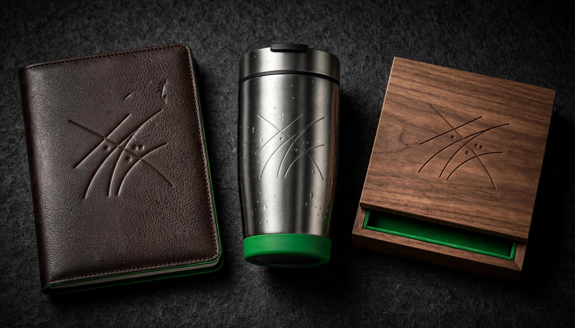 A notebook, stainless tumbler, and wooden box arranged on a dark surface.