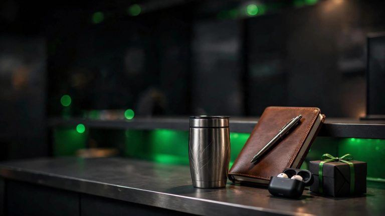 Engraved business gifts arranged on a trade show counter with green lighting.