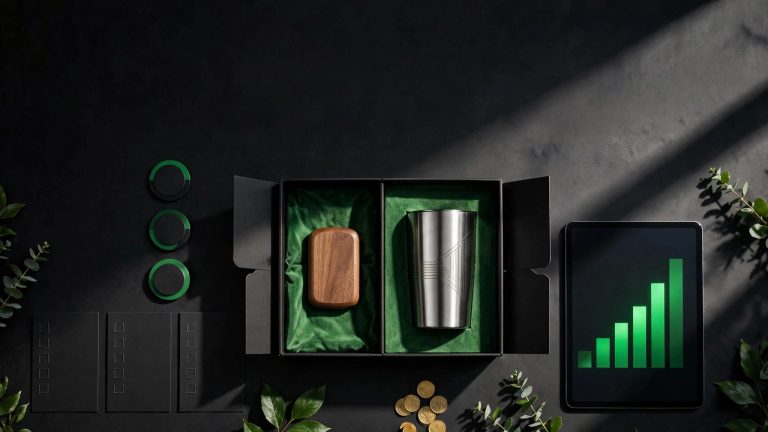 Branded tumbler and keepsake arranged with event badges, coins, cards, and a rising bar chart.