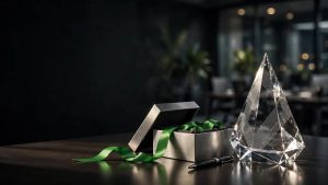 Crystal award and metal gift box with a pen and green ribbon on an office desk.