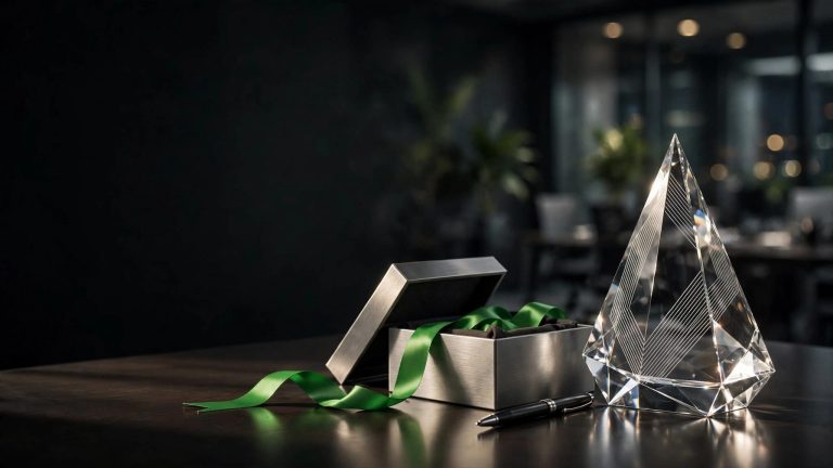 Crystal award and metal gift box with a pen and green ribbon on an office desk.