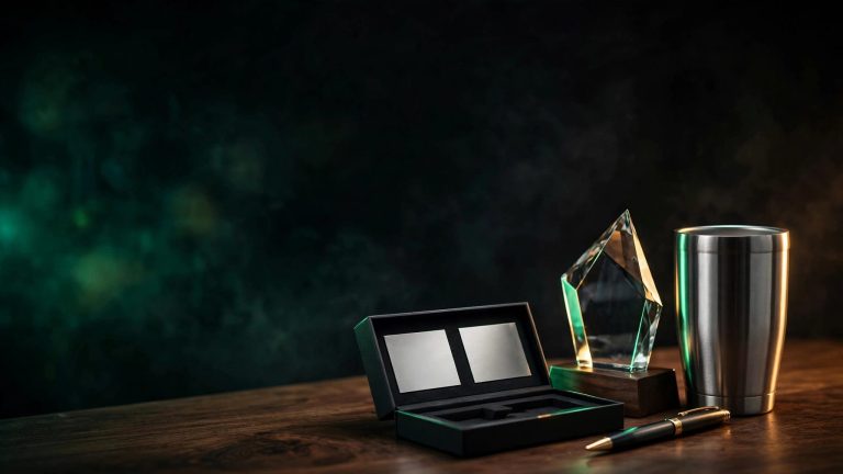 Corporate gifts arranged on a walnut desk with green accent lighting.