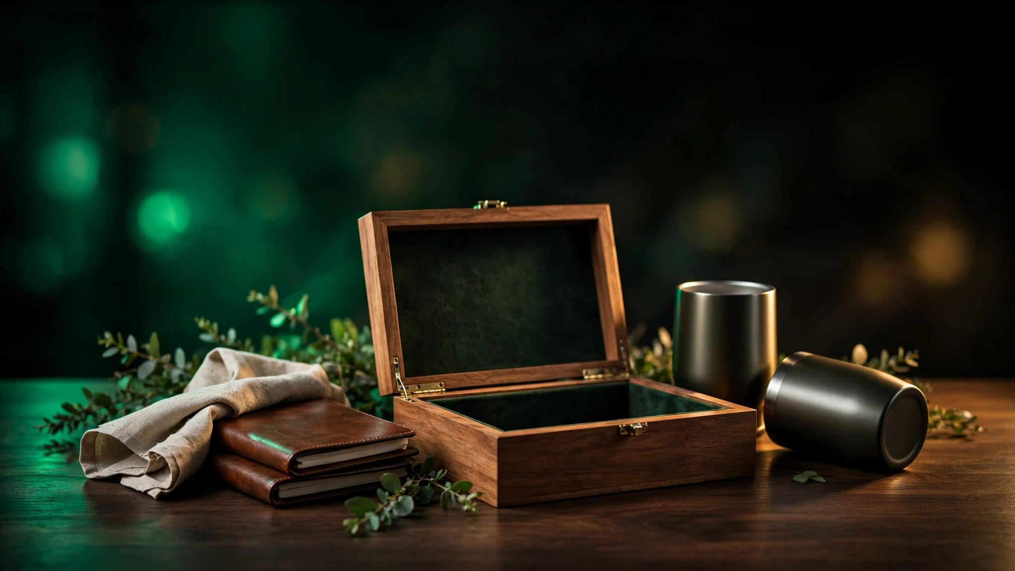 Retreat gifts sit on a walnut table with greenery and linen.