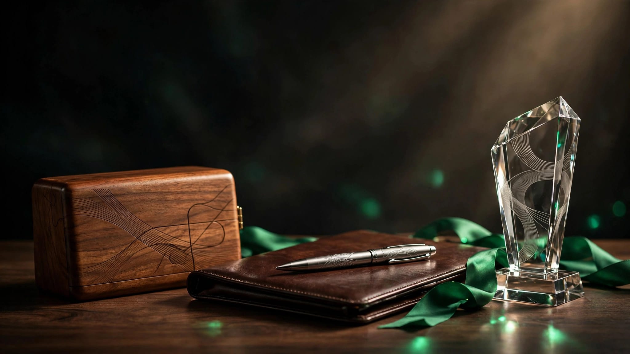 Engraved retirement gifts arranged on a dark wooden desk with green accents.