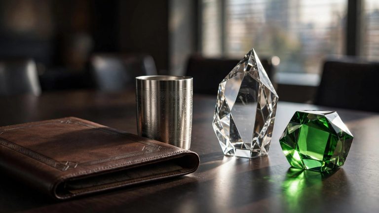 A portfolio, engraved tumbler, and crystal award arranged on a dark boardroom table.