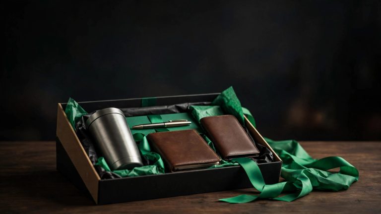 A premium client gift set arranged in an open box on a dark wooden desk.
