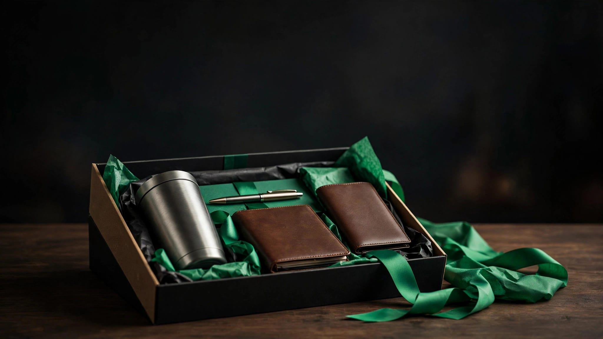 A premium client gift set arranged in an open box on a dark wooden desk.