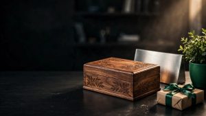 An engraved wooden box and metal plaque beside a plant and wrapped gift.