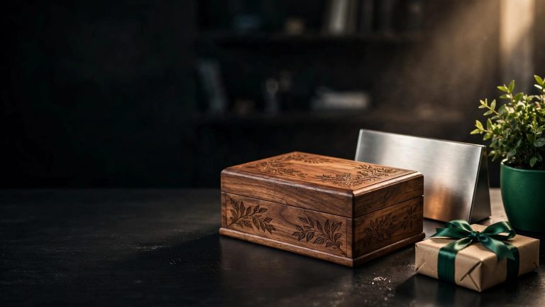 An engraved wooden box and metal plaque beside a plant and wrapped gift.