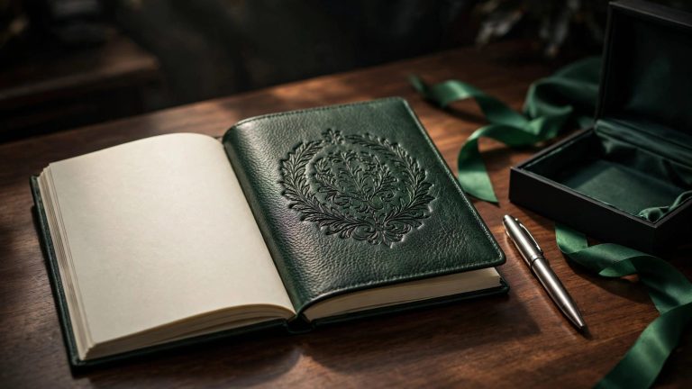 Open green leather journal beside a metal pen, gift box, and ribbon on a wooden desk.