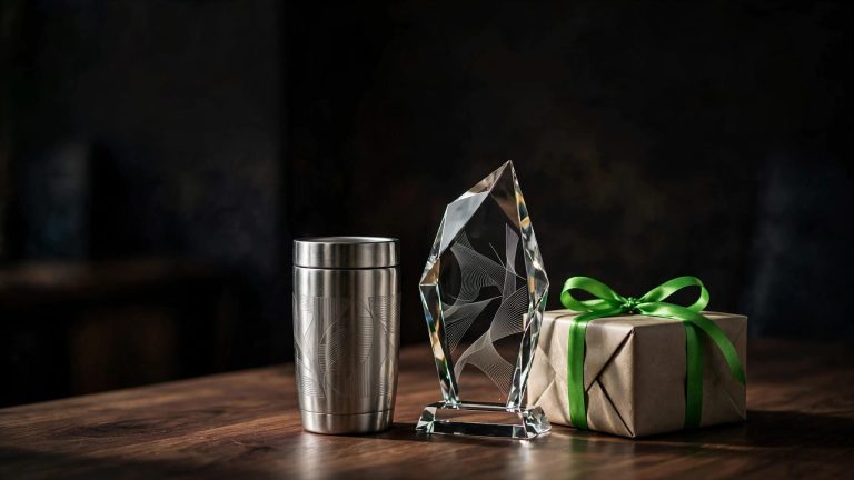 A personalized tumbler, glass award, and green-ribbon gift box on a dark desk.