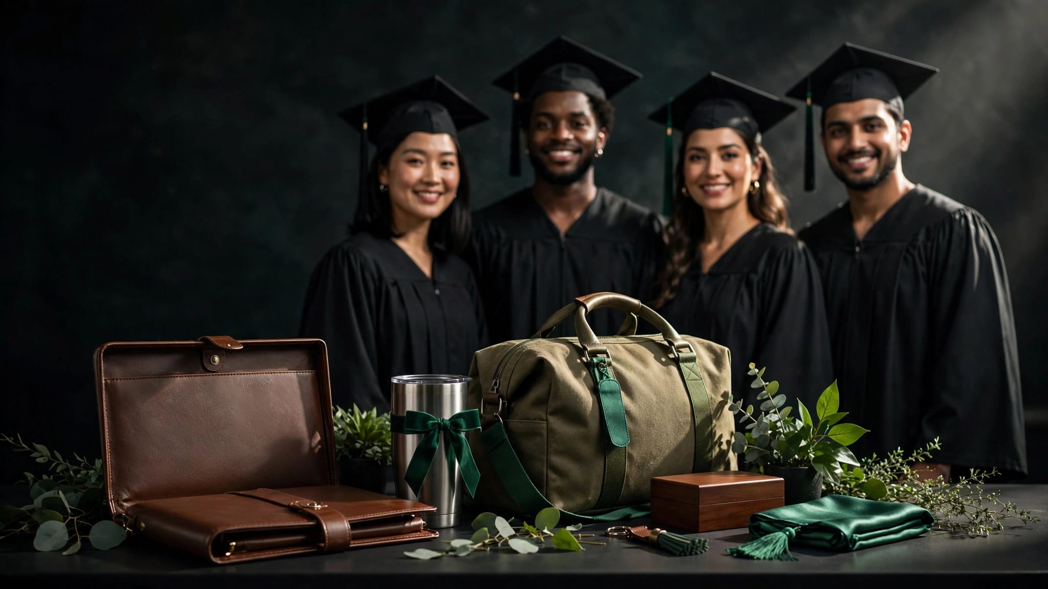 Graduates in caps and gowns stand behind personalized gifts on a celebration table.