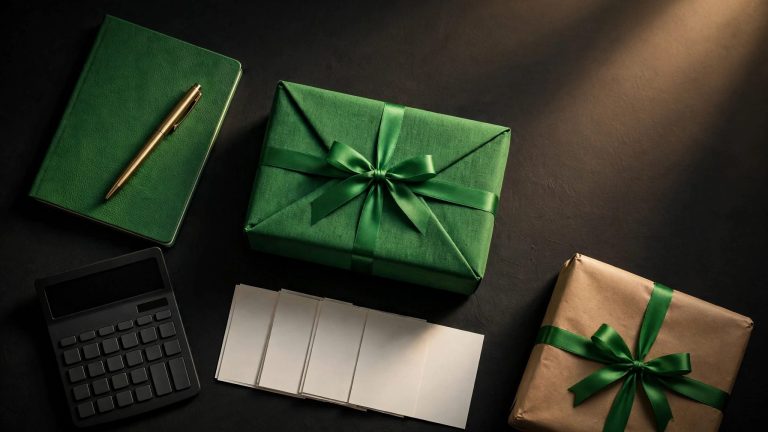 A gift box, notebook, parcel, calculator, and blank cards arranged on a dark desk.
