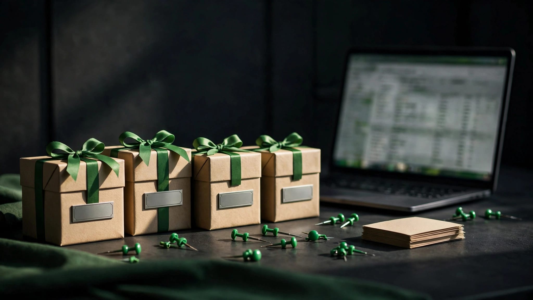 Personalized gift boxes sit beside a laptop and green destination markers.