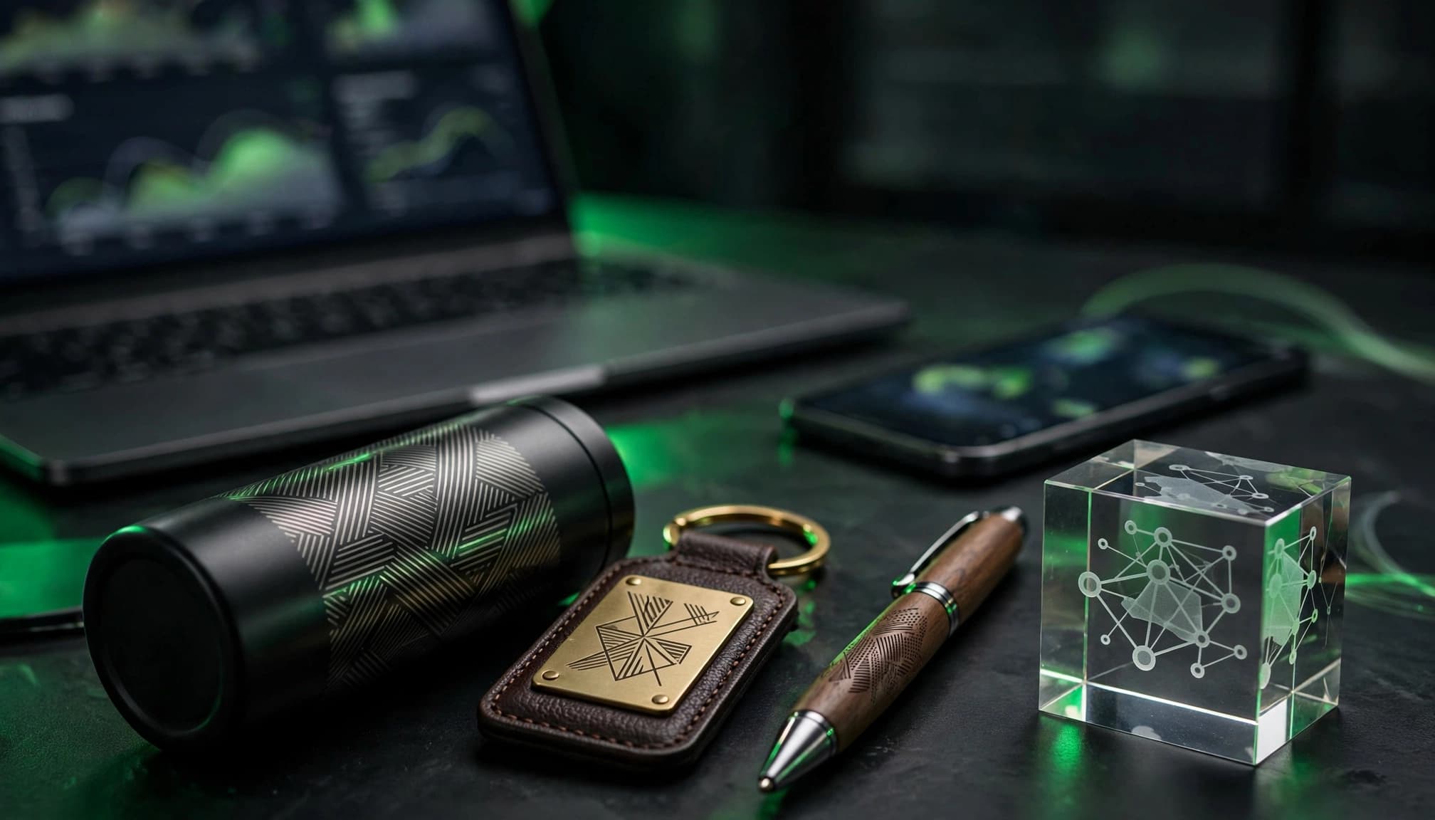 Four engraved gifts sit beside a smartphone and laptop on a dark tabletop.